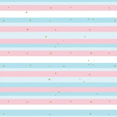 Pink and Blue Striped Pattern with Gold Stars - Seamless Background
