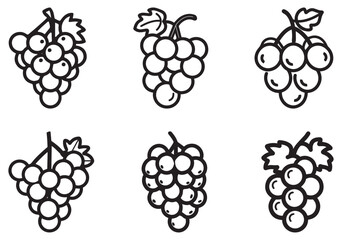 Collection of six grape bunch icons with simple black outlines showcasing varied arrangement on white background
