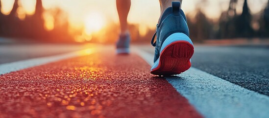 Person jogging on a red track at a beautiful sunset time