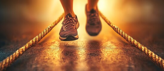 Athletic person running on a rope towards an uncertain future