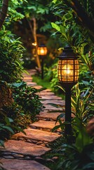 The illuminated pathway in a lush garden at nighttime