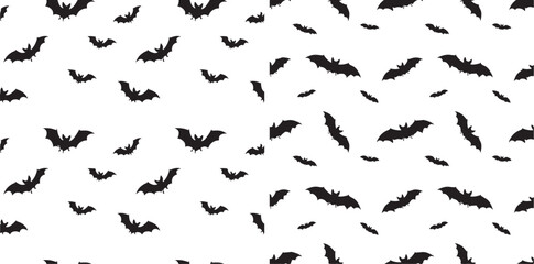 Seamless Pattern of Flying Black Bat Silhouettes on White Background