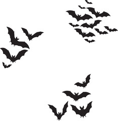 Dynamic Flock of Black Bat Silhouettes Flying on a Clean White Background
