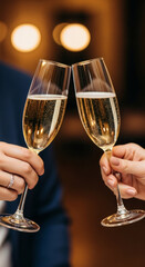Obraz premium Two hands raise champagne glasses in a cheerful toast, creating an atmosphere of celebration. The golden champagne sparkles against the festive backdrop of the party.
