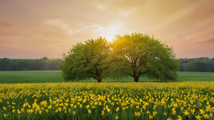 Obraz premium Two majestic trees stand tall in a sun-drenched field of yellow daffodils during a golden hour sunset, evoking a sense of peace and natural beauty
