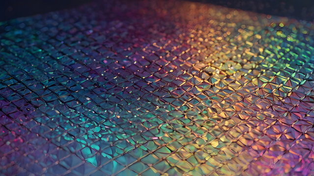 Vibrant iridescent texture with a rainbow holographic effect, showcasing a futuristic grid pattern and a shimmering spectrum of light