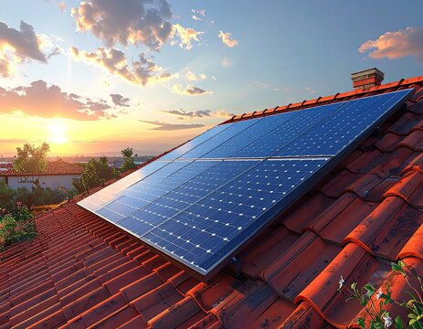 Solar Panels on Tiled Roof at Sunset with Bright Sun Blue Sky and City Skyline Rooftop Solar Energy Renewable Energy Sustainable Technology