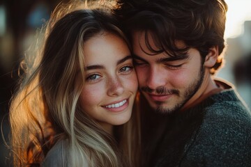 Close-up portrait of a happy young couple embracing outdoors with warm natural lighting and gentle smiles expressing affection and contentment