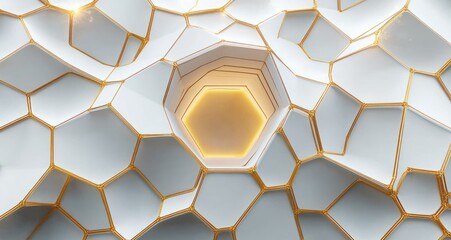 abstract 3d geometric honeycomb pattern with interconnected cells outlined in gold surrounding a glowing central hexagonal cavity with warm light