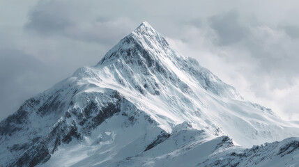 Majestic snow covered mountain peak with clouds isolated on white background
