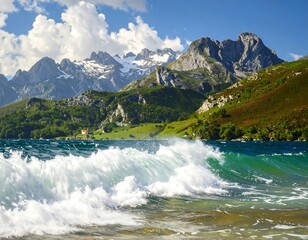 Majestic Mountain Lake with Foamy Waves