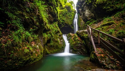 Lush waterfall cascading into a tranquil pool, surrounded by mossy rocks and ferns