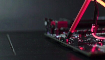 Close-up of a computer motherboard with red neon light