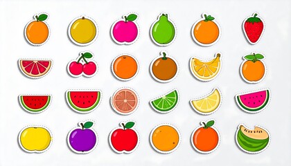 Colorful fruit stickers on white background