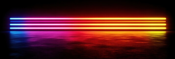 Horizontal neon light bars glowing in blue, pink, red, orange, and yellow on a reflective dark surface creating a vibrant colorful effect