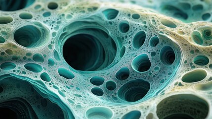 Close-up view of porous turquoise and teal surface with numerous tunnels and holes resembling a microscopic or abstract organic structure