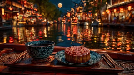 Commercial Photography of Mooncakes and Teacup on Wooden Plate with Jiangnan Water-Town Courtyard and Full Moon Reflection, Creating Romantic Mid-Autumn Festival Atmosphere for Advertising and Product