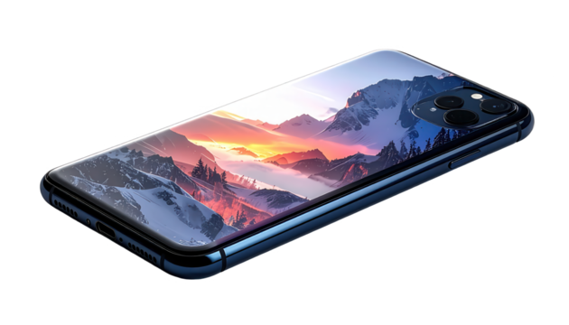 A smartphone displays a breathtaking landscape of snowy mountains, vibrant hues of sunrise, and a dramatic sky.