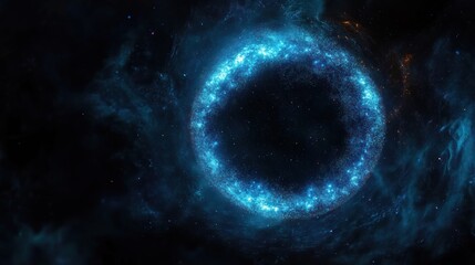 Bright glowing blue circular nebula surrounded by dark space and scattered stars creating a mysterious cosmic scene
