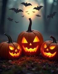 Naklejka premium Halloween pumpkins with spooky faces and bats atmospheric fog in the background border background spooky illustration decoration