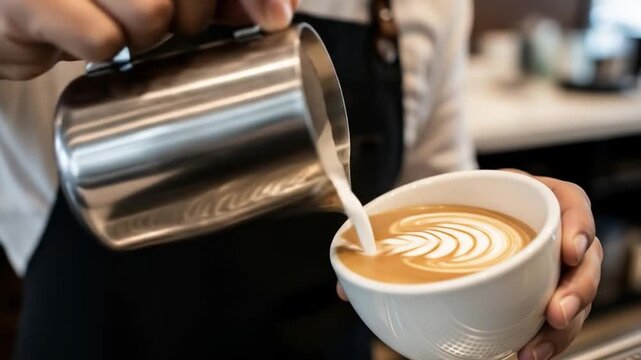 Milk being poured into a white cup of coffee creating a latte art design