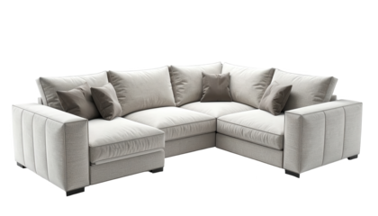 A modern, light beige sectional sofa with dark gray accent cushions, displayed against a black backdrop.