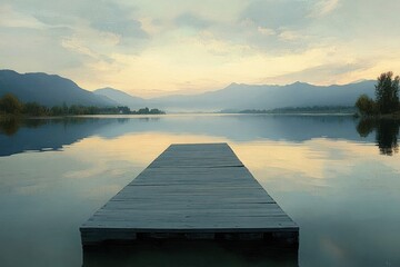 Fototapeta premium Calm tranquil lake with a wooden dock extending into peaceful water reflecting soft pastel sky and distant mountains during early morning or late evening