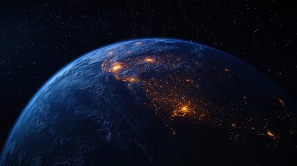View of Earth from space showing illuminated city lights on the surface against the dark expanse of starry outer space