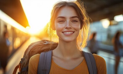 Young woman smiling with a backpack at a train station during sunset with warm natural light