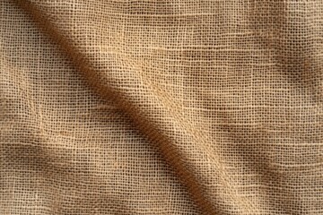 Close-up textured view of beige burlap fabric with natural fibers and small creases