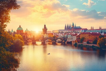 Sunset view over a historic European city with a stone arch bridge crossing a river, vibrant old buildings, cathedral spires, and a calm boat floating on reflective water