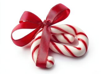 Red and white striped candy cane tied with a shiny red ribbon bow on a white background