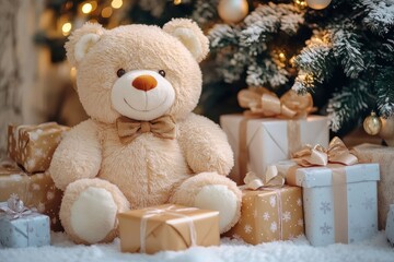 soft beige teddy bear with bow tie sitting among wrapped Christmas presents under a decorated and lit Christmas tree with snow-like white surface