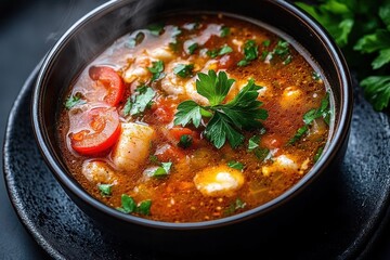 Steaming bowl of tomato-based soup with fresh herbs and diced vegetables presenting a warm and comforting meal