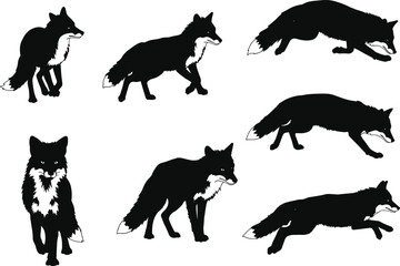 Black fox silhouette illustrations in different poses, wild animal vector clipart, hunting predator design, wildlife artwork, forest creature drawing, graphic element