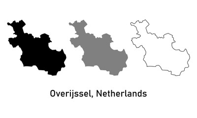Map of Overijssel is a province of Netherlands. Map in different styles of outline, black and grey