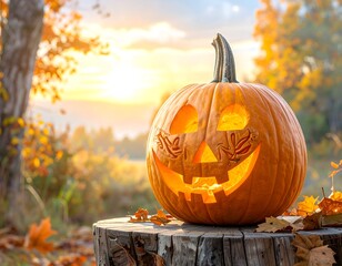 Jack-o'-lantern on stump at autumn sunrise