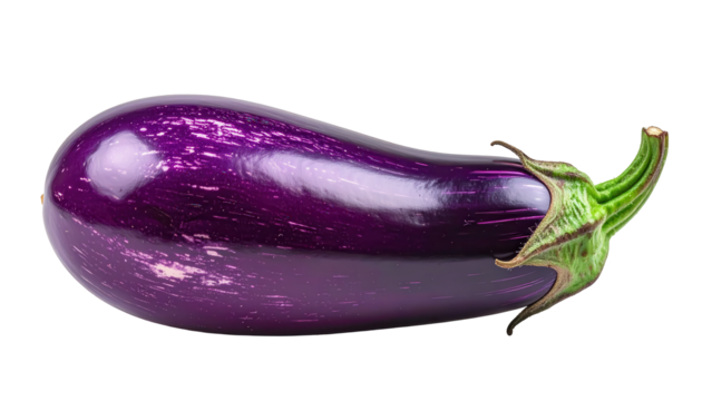 A vibrant, deep purple eggplant, highlighted against a pure black backdrop, displays its textured skin and glossy finish.
