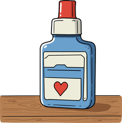Blue bottle of adhesive on wooden table with heart design label  