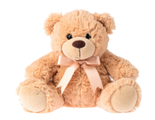 A delightful, light beige teddy bear sits calmly, adorned with a delicate, pastel-pink ribbon bow.