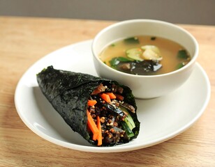 Japanese cuisine, a nori wrap and soup