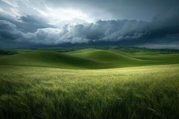 Vast green rolling hills under a dramatic cloudy sky with dark storm clouds approaching, creating a moody and serene landscape scene