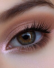 Obraz premium Close-up of a human eye with detailed brown iris, long dark eyelashes, and shimmery pink eyeshadow on the eyelid exuding elegance and beauty