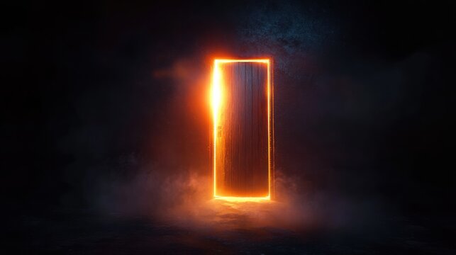 A wooden door glowing with bright orange light, slightly open, surrounded by mist in a dark mysterious environment