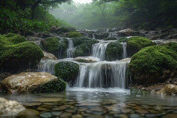 Naklejka premium Serene cascading waterfall flowing over moss-covered rocks surrounded by lush green forest under a misty atmosphere