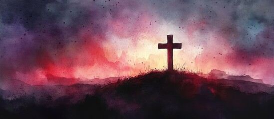 Silhouette of a cross standing on a hill against a dramatic colorful sky with hues of purple, red, and pink, evoking a solemn and reflective mood