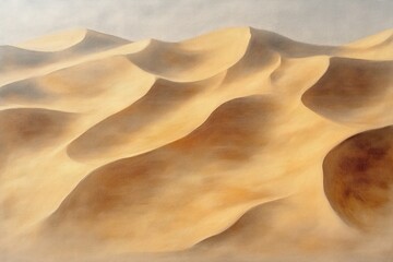 Expansive desert landscape with softly curved golden sand dunes under a hazy sky, evoking a sense of calm and vastness