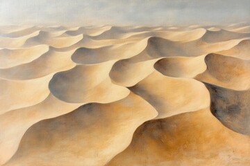 Expansive view of smooth, rolling sand dunes under a hazy sky creating a serene and timeless desert landscape