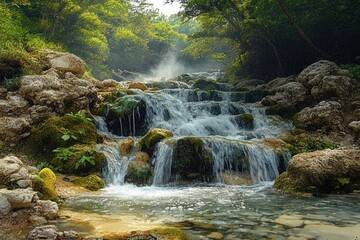 Gentle cascading waterfall flowing over moss-covered rocks surrounded by lush green trees and mist in a serene forest setting