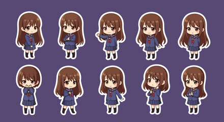 Adobe illustrator artwork vector illustration set of eight cute anime schoolgirl character